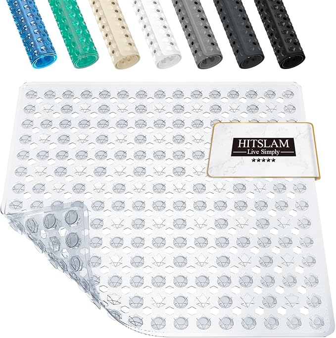 HITSLAM Shower Mat Non Slip Anti Mould, Bath Mat Anti Slip With Suction Cups and Drain Holes, Square Shower Mat for Inside Shower 53 x 53cm, Machine Washable Bath Mat for Tub, Clear