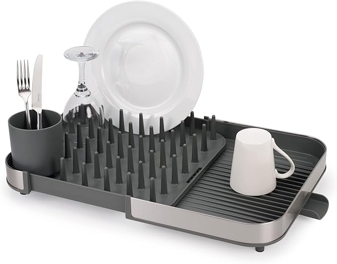 Joseph Joseph Duo Expanding Dish Drainer Rack with Removable Cutlery Holder, Draining Spout, Stainless-steel/Grey