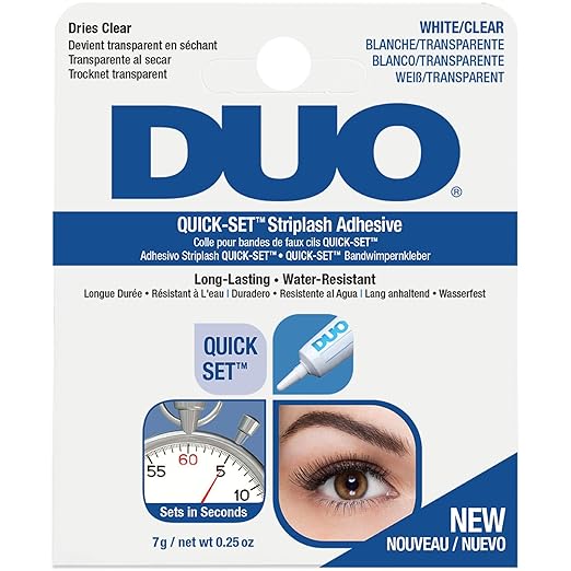 DUO Quick-Set Striplash Adhesive | Strong Eyelash Glue with Lightweight Formula | Professional Lash Glue for Eyelash Extensions, Cluster Lashes, & Individual Eyelashes | White/Clear, 0.25 Ounces