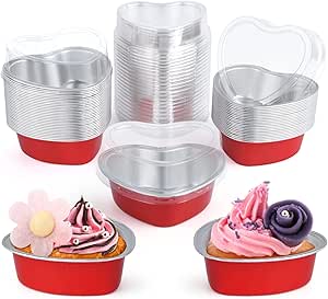 ELECLAND 50Set Red Heart Cake Pans 100ml Aluminum Foil Heart Shaped Cake Pan with Lids Dessert Baking Cup Liners Cupcake Containers for Valentines Wedding Christmas Birthday Mother's Day Party Decor