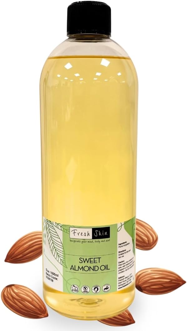 Freshskin Beauty LTD | Sweet Almond Oil 1 Litre - 100% Pure, Natural, Cruelty Free, Vegan, No GMO for Skin, Hair, Massage, Nails, Cuticles, Ears, Face, Body - Aromatherapy (1000ml)