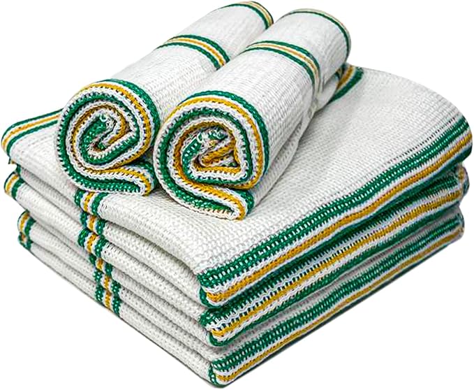 Towelogy® 5 Pack Cotton Dish Cloths Waffle Weave White Super Absorbent LINT FREE QUICK DRY Striped Kitchen Tea Towels Dishcloths for Washing Up Machine Washable 35x40cm (White Green/Yellow Stripes)