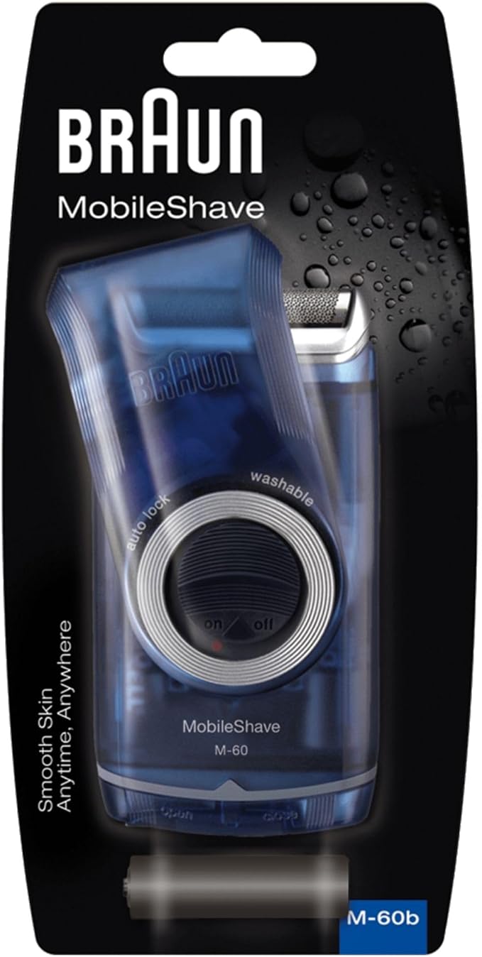 Braun PocketGo Mobile Shave Electric Travel Shaver, Electric Razor for Men For On The Go, Fully Washable, Portable Shaver With Travel Lock, M60, Blue