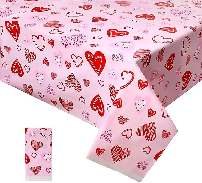 137*274cm Valentine's Day Disposable TableCloths Party Table cloth Pink and Red Heart Rectangle Plastic Waterproof Table Cover for Birthday Wedding Party Table Decor