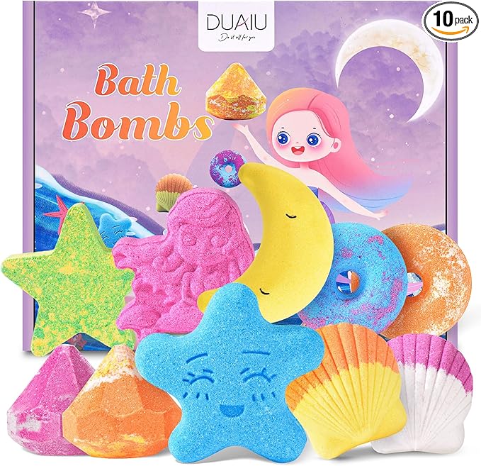 DUAIU Bath Bombs Gift Set, 10Pcs Bath Bombs for Kids Natural Handmade Bath Bombs Organic Bubble Bath Bomb with Essential Oil, Anniversary Birthday Gifts Set for Women Girls