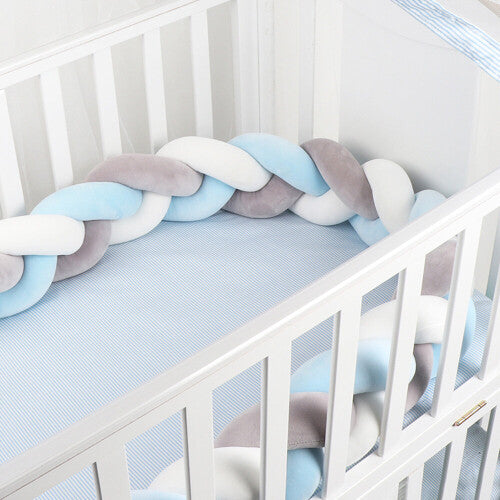 (Grey+white +blue ) 4M Anti-collision Strip Kids Bed Crib Bumpers Braided Protective Bar