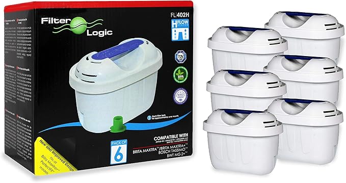 FilterLogic Universal 6 Pack Filter Cartridges Compatible with Brita Maxtra & Plus+ Water Jugs, White, fits -Marella-Elemaris-Bosch Tassimo & Kettles