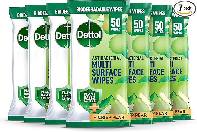 Dettol Antibacterial Multi Surface Cleaning Wipes, Crisp Pear, 350 Wipes (50 x 7pck) Plant-Based, Disinfectant, Biodegradable, Kills 99.9 Percent of Germs