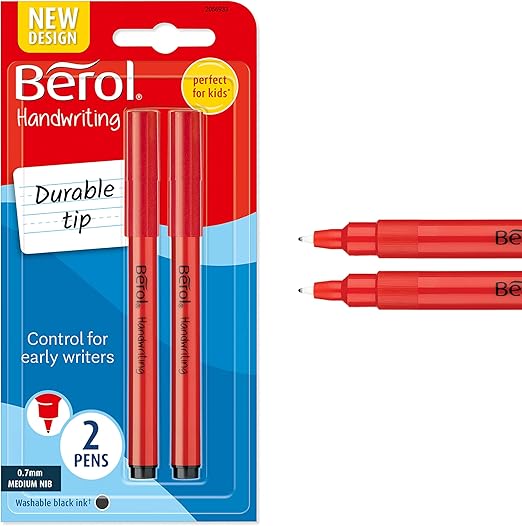 Berol Handwriting Pens | Round Shape is Easy to Hold | Washable Black Ink | Bright Barrels | 2 Count