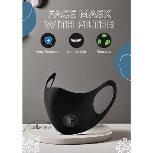5 x Black Face Masks with Air Valve - Washable Reusable Filter