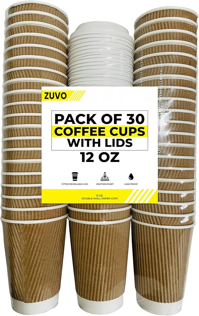 Zuvo Ripple Takeaway Paper Coffee Cups with Lids - [30 Cups, 12 OZ] - Ideal for Tea, Coffee, Hot Water - Disposable 30-Pack - Lids Included - Triple Heat Insulated - for Office Use - Kraft White