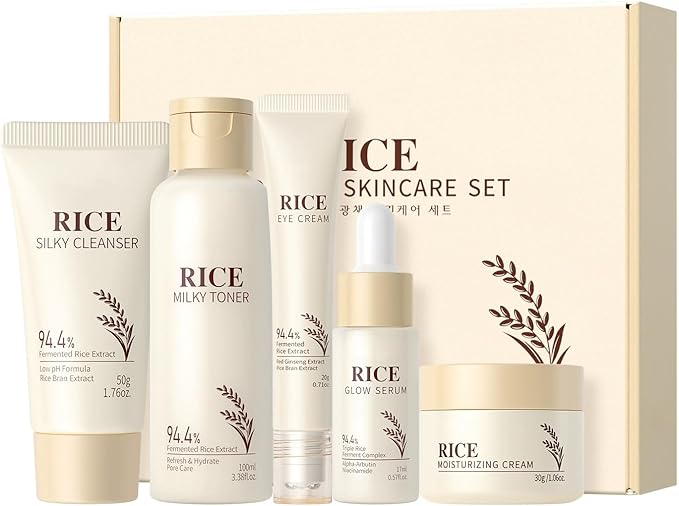 5PCS Rice Skin Care Sets & Kits, Korean Skincare Set- Cleanser, Toner, Serum, Eye Cream & Moisturizer, Christmas Birthday Gifts for Women Teenage Girls Mom Friend, Travel Skincare Set