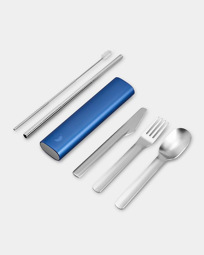 Chilly's Cutlery - Portable Cutlery, Stainless Steel Utensils with Aluminium Travel Case, Reusable Knife, Fork, Spoon, & Straw, Dishwasher Safe - for Travel and Camping - Whale Blue