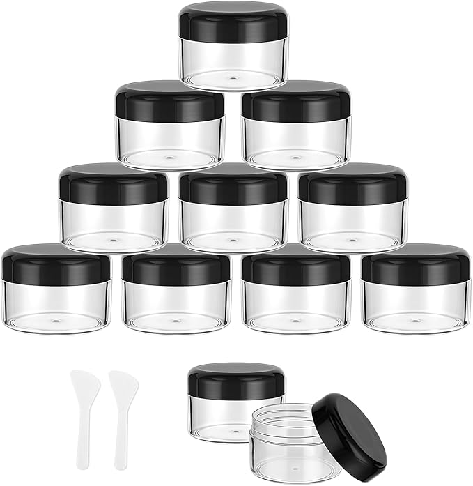 Flintronic Plastic Cosmetic Jar 12 * 20ml, Transparent & Visible Sample Container Jar, Black Screw Cap Bottle with Small Spoon, Suitable for Cosmetic/cream/gel/paste/beads/mineral Items Etc.