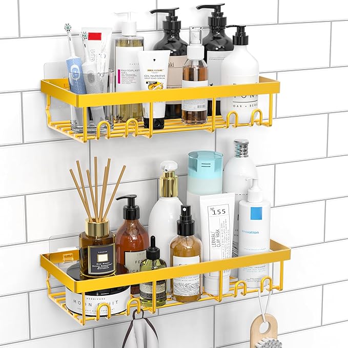 Shower Caddy Shelf Organiser 2 Pack, No Drill Gold Shower Shelves,Self Adhesive Bathroom Storage Accessories