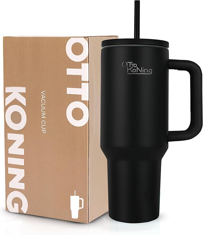 Travel Mug with Handle Otto Koning 40oz (1.2L) – Double Wall Insulated Tumbler with Straw & Lid – Stainless Steel Thermal Cup for Hot & Cold Drinks – Fits Car Cup Holders & Gym Gear
