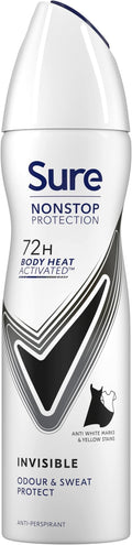 Sure Nonstop Protection Invisible Black & White Anti-Perspirant Aerosol Women's Deodorant Spray with Body Heat Activated tech. and white mark protection for 72 hour odour and sweat protection 150 ml