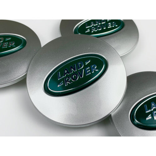 (Matt Silver and Green Land Rover Caps) Sets of 4 Land Rover alloy wheel caps 63mm S