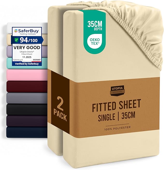 Utopia Bedding Fitted Sheet Single (2 Pack), Beige - Deep Pocket 14 inch (35 cm) - Oeko Tex Certified - Easy Care - Soft Brushed Microfibre Fabric - Shrinkage and Fade Resistant - Bottom Sheet