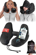 FLOWZOOM Air Inflatable Travel Neck Pillow for Airplane & Car – H-Shape Travel Pillow with Hood, 5 Sleeping Positions, Quick Inflation, Adjustable Pressure, Soft Plush Cover – Size L, Black