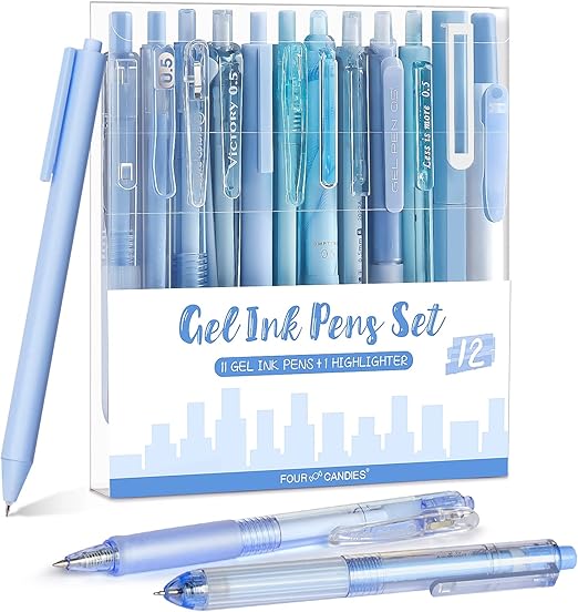 Four Candies Gel Pen Set, Cute Writing Pens with 0.5mm Fine Tip, Black & Blue Ink Pens with Highlighter, Aesthetic Stationery Supplies for School, Office, Pack of 12 - Ocean Series