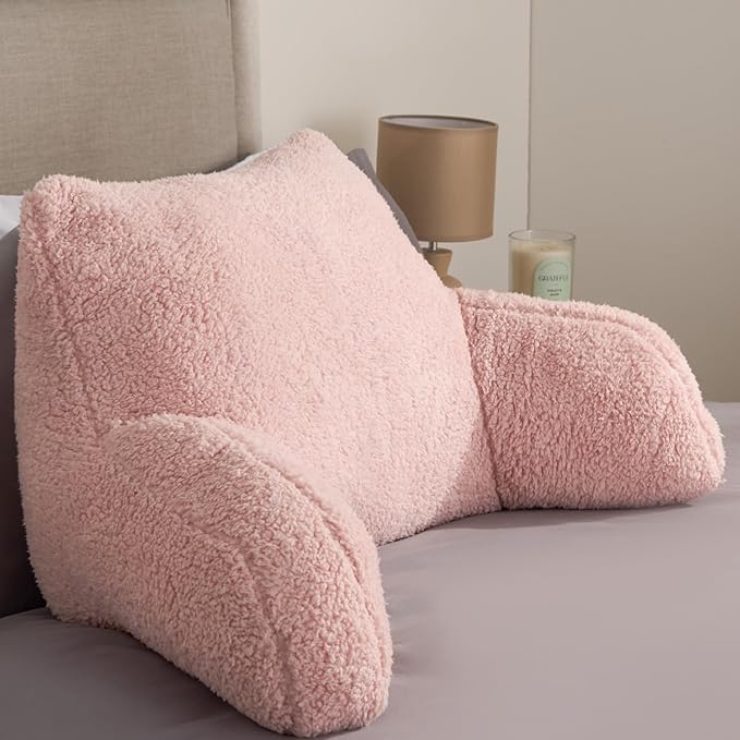 OHS Cuddle Cushion Teddy Pink, Gifts for Her Reading Pillows for Bed Super Soft Cosy Pillow with Arms Support Pillows for Sitting up in Bed Teddy Pillow for Adults