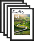 4Pack A4 Frame, Wooden A4 Picture Frames, Versatile Black A4 Frame, Dual Orientation (Landscape/Portrait), Includes Stand & Wall Hooks - Wall Mount or Tabletop for Home, Office, Gallery