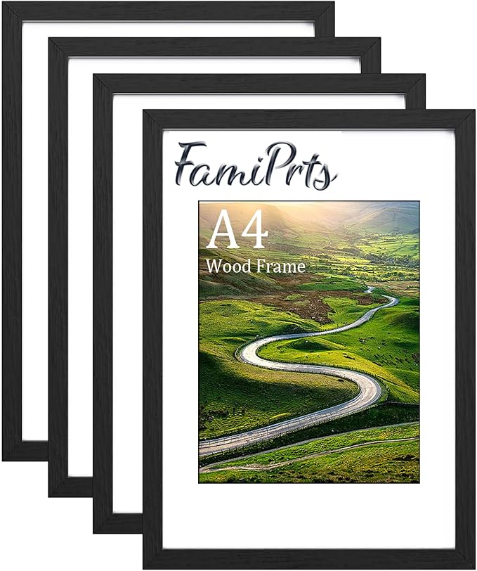 4Pack A4 Frame, Wooden A4 Picture Frames, Versatile Black A4 Frame, Dual Orientation (Landscape/Portrait), Includes Stand & Wall Hooks - Wall Mount or Tabletop for Home, Office, Gallery