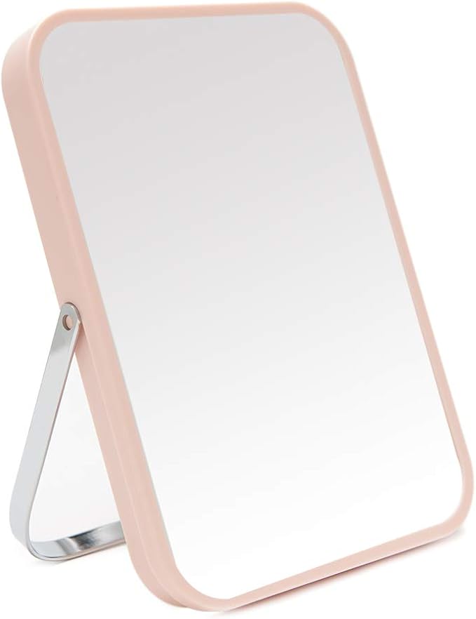 YEAKE 8-Inch Portable Folding Table Mirror With Metal Stand - 90° Adjustable Rotation for Desk, Vanity, Makeup, Travel, Bathroom - Hanging for Shower, Shaving (Pink)