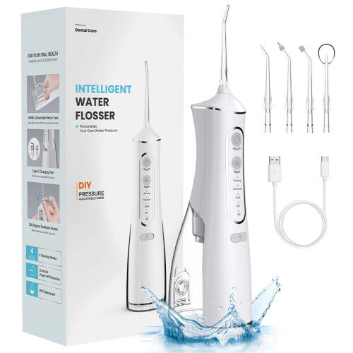 Cordless Water Flosser Dental Oral Irrigator 5 Jet Tips 300ml 4 Mode DIY Intelligent Waterproof IPX7 White