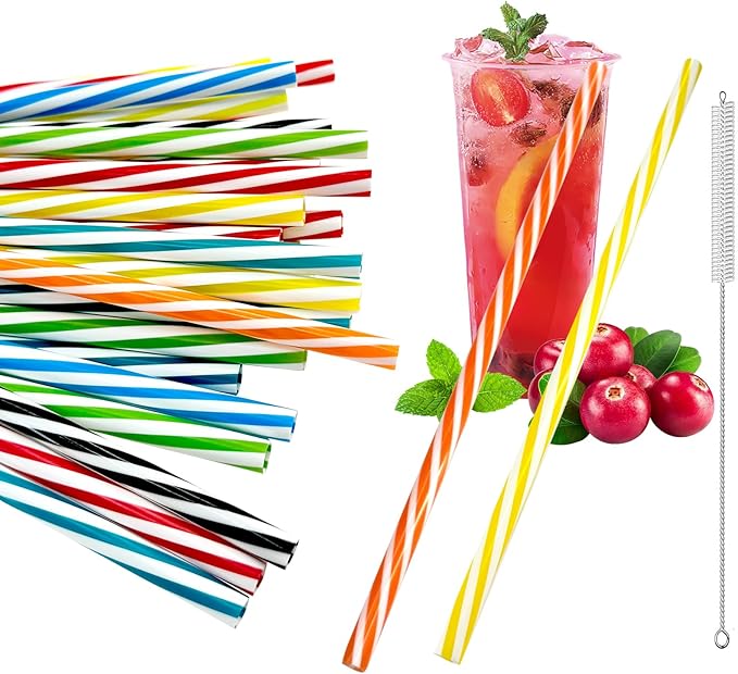 Wanheart 50pcs Reusable Plastic Straws, Straws Drinking Plastic with Cleaning Brush, Dishwasher Safe, Reusable Straws for Smoothies, Juice, Cocktail, Hot Drink