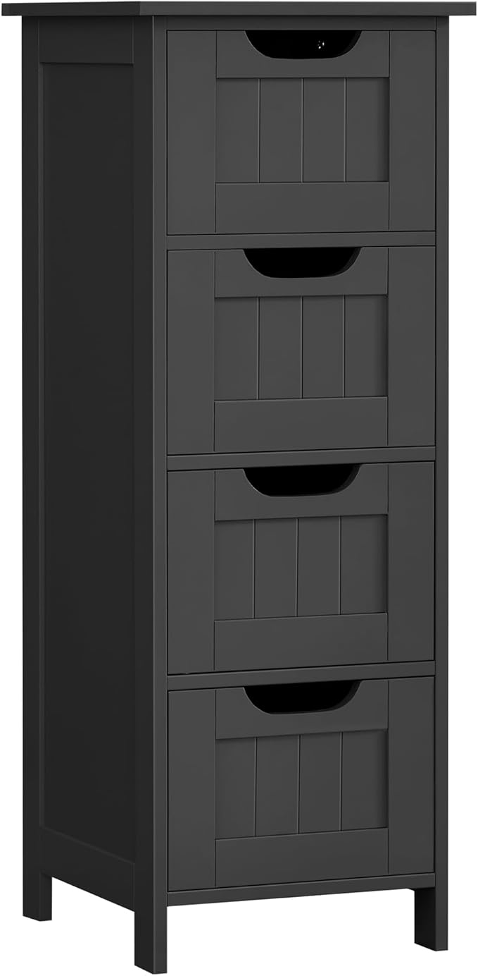 VASAGLE Bathroom Floor Storage Cabinet, Bathroom Storage Unit with 4 Drawers, Bathroom Cabinet Freestanding, 30 x 30 x 82 cm, Living Room, Dining Room, Kitchen, Modern Style, Ink Black LHC040B01