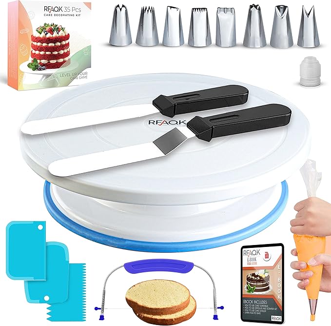 Cake Turntable and Leveler-Rotating Cake Stand with Non Slip Pad-7 Icing Tips and 20 Bags- Straight & Offset Spatula-3 Scraper Set -E Book-Cake Decorating Kit -Baking Tools