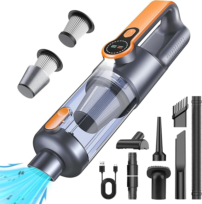 Handheld Vacuum Cleaner, 26000Pa Car Vacuum Cleaner Cordless Powerful, One-touch Dust Emptying, Brushless Motor, 4-in-1 Multifunctional Portable Mini Car Hoover with HD Display and LED Light, Orange