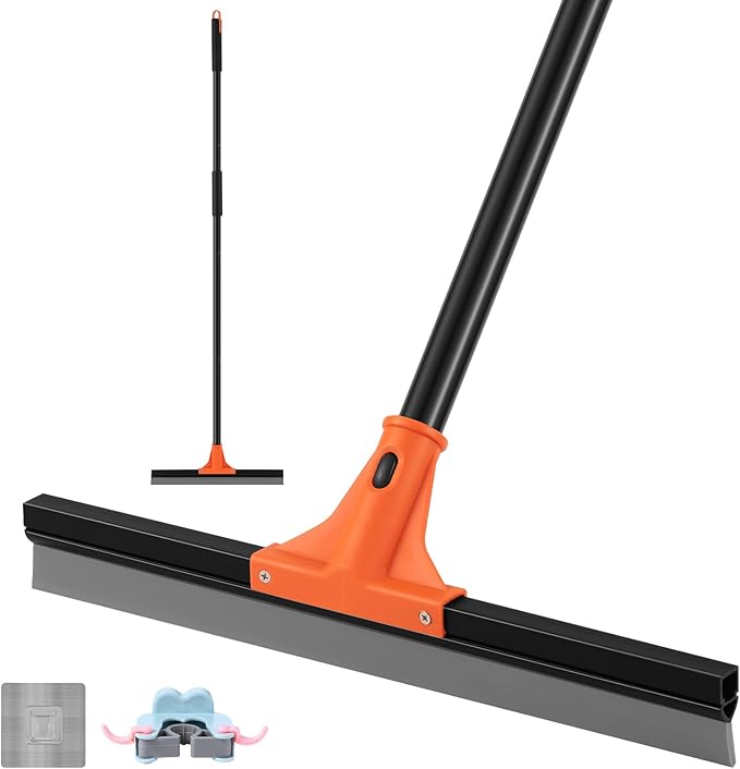 Floor Squeegee Heavy Duty, 17 Inch Large Floor Squeegee Broom with 60 Inch Long Handle, Floor Scraper Rubber Broom for Garage, Tile, Deck, Bathroom,Outdoor,Window, Glass