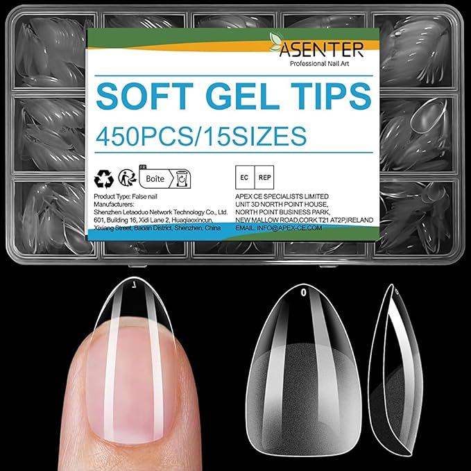 Short Almond Nail Tips, 450Pcs Half Matte Soft Gel, Clear Full Cover Acrylic False Press on Nails for Gel Polish & Nail Extensions, Pre-shaped Fake Nails for Salon and Home DIY, 15 Sizes