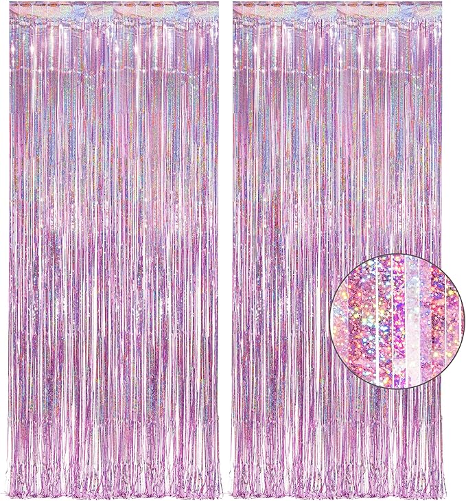 Pink Tinsel Curtain Party Backdrop Glitter - GREATRIL Foil Fringe Curtain Lilac Pink Streamers Decor for Birthday Girl Princess Unicorn Christmas Bachelorette Euphoria Party Decorations - 2 PCS