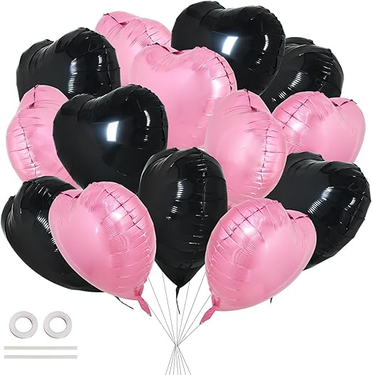 30Pcs 18 Inch Pink Black Heart Balloons Valentine’s Day Heart Shape Foil Mylar Balloons Decoration for Romantic Valentine's Day Wedding Bridal Shower Anniversary Engagement Party Supplies