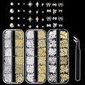 3D Nail Charms, VEGCOO 3 Boxes Gold Silver Nail Stuff Nail Gems Rhinestones Charms with Tweezers, Assorted Styles Bows Stars Pearls Nail Art Charms for Women Girls Nail Art DIY Accessories