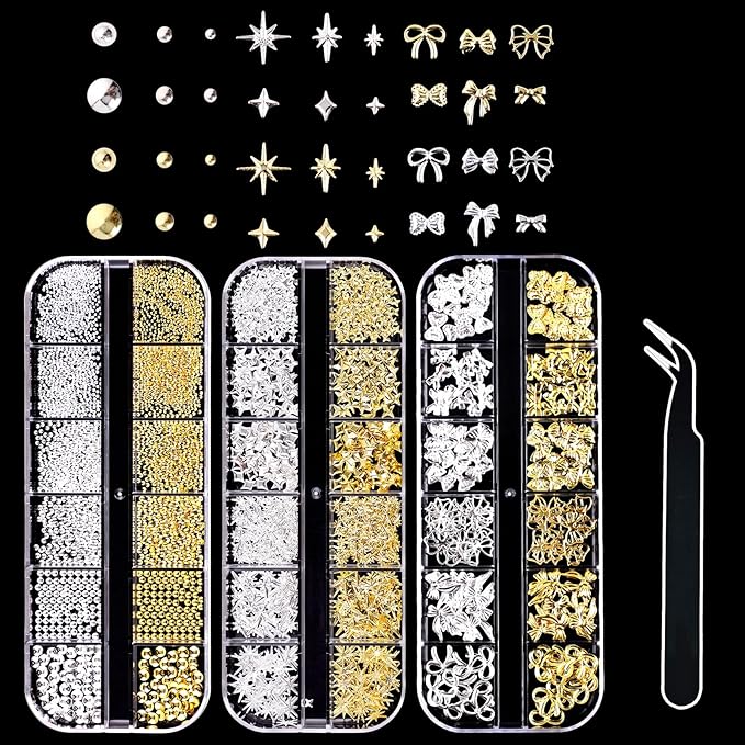 3D Nail Charms, VEGCOO 3 Boxes Gold Silver Nail Stuff Nail Gems Rhinestones Charms with Tweezers, Assorted Styles Bows Stars Pearls Nail Art Charms for Women Girls Nail Art DIY Accessories