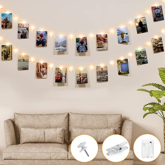 Kolpop 50LED Photo Clip String Lights, 5M Photo Peg Fairy Lights Indoor with 30 Clips Battery Powered Cooper Wire Hanging String Photo Display for Bedroom Birthday Wedding Party Christmas Decorations[Energy Class E]