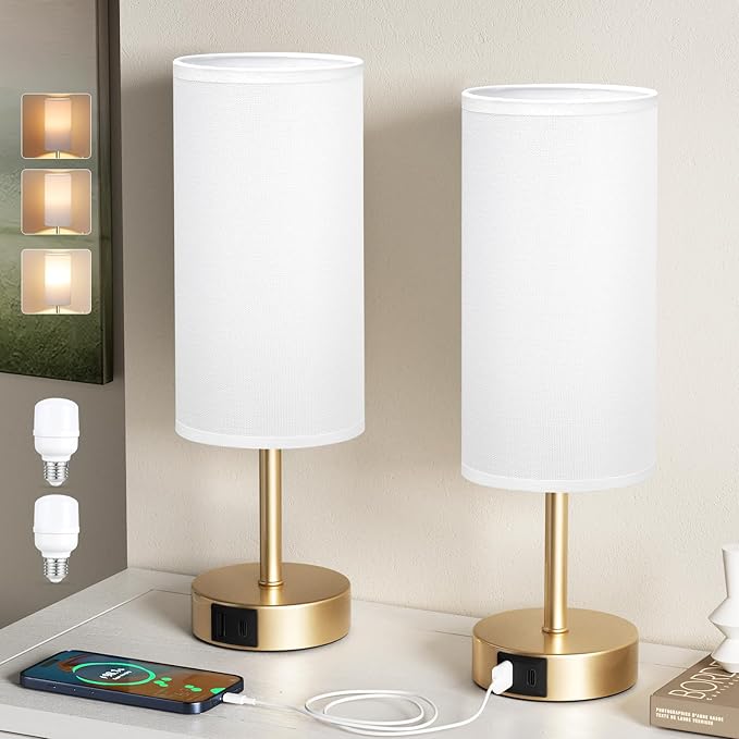Aooshine Bedside Lamps Set of 2, Dimmable Lamp with White Shade, Small Touch Lamps for Living Room, Gold Base(Bulbs Included)[Energy Class F]