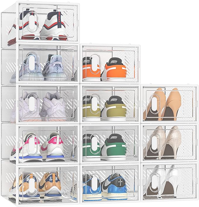 Shoe Storage Shoe Boxes,12 pcs Clear Shoe Organizer Plastic Stackable Containers with Lids for Women/Men