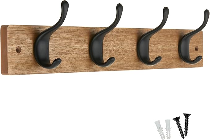 4 Matte Black Coat Hooks on Ash Effect Wooden Board - Modern Wall Mounted Coat Rack Clothes Hanger