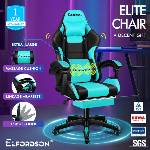 ELFORDSON Gaming Office Chair Massage Large Pillow Racing Cyan
