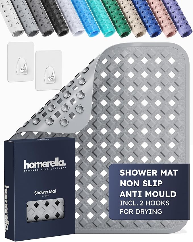 homerella® Shower Mat Non Slip Anti Mould 53 x 53 cm, INCL. Hooks for Drying, Bath Mat Non Slip Anti Mould, Shower Mats for Inside Shower, BPA-Free and Machine Washable for Children and Elderly