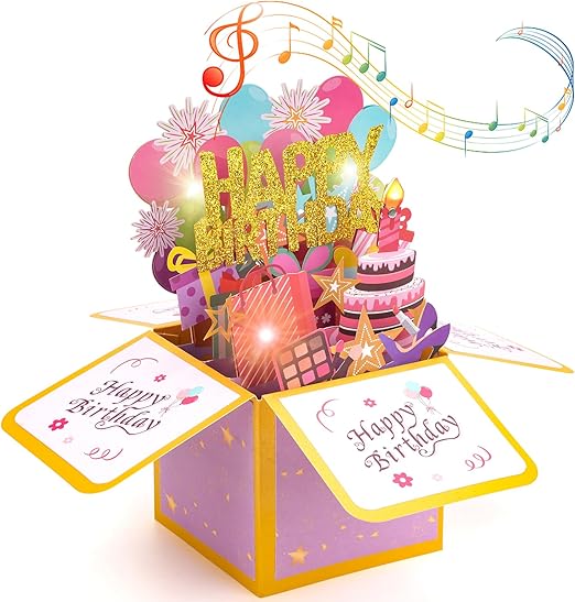 Birthday Card with Music, Lights & Blow-Out Candles, 3D Pop-Up Happy Birthday Gift Box Greeting Cards for Women, Men and Kids