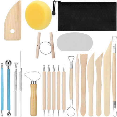 Clay Tools 21 PCS, Pottery Tool Kit Dotting Polymer Tools, Ceramics with Wooden Handle Bag