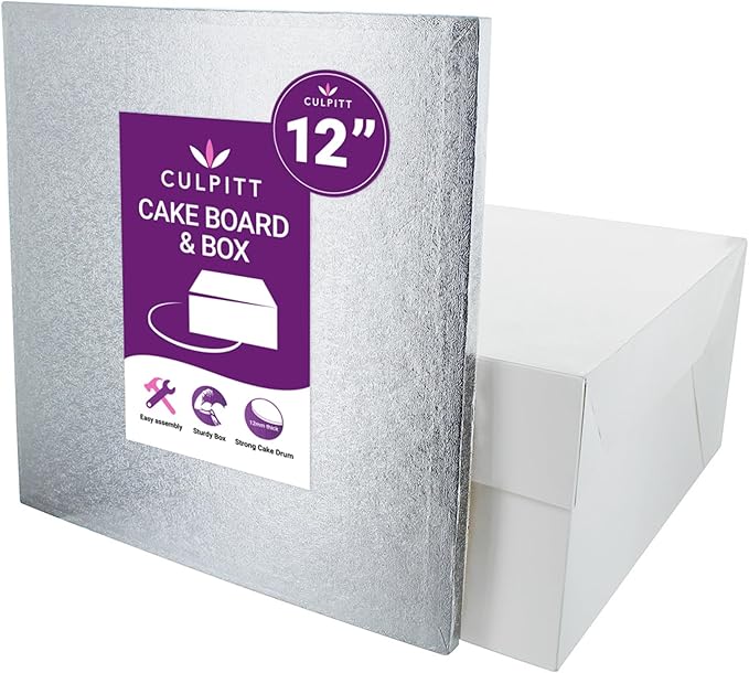 Culpitt 12" Square Silver Cake Drum Board & White Cake Box Combo, 12 Inch Box and Matching Board Set For Cake Transport