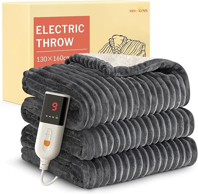 HOMLYNS Electric Heated Blanket Throw, 160 x 130cm Cozy Soft Flannel & Sherpa Heating Blankets with 9 Fast Heat Levels & 2-10 Hours Timer, Warm Gifts for Women Mom Grandma, UKCA Certified, Grey